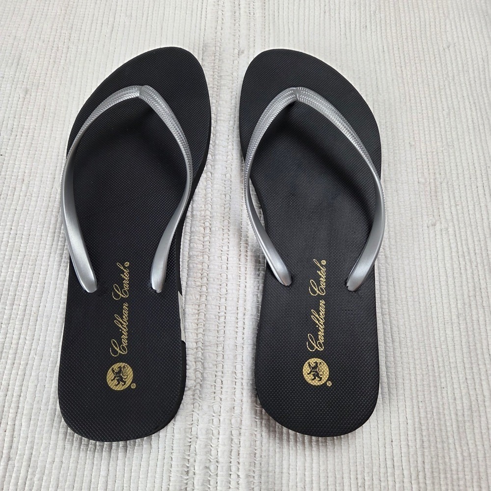 Caribbean Cartel Mens Flip Flops‎ Black Silver Thong Sandals Size 10 1029-65 NEW